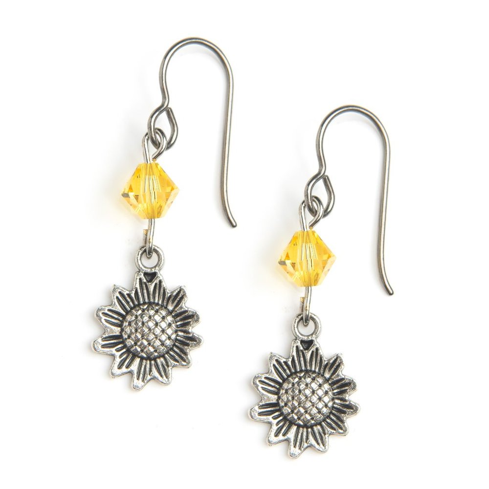 Silver Sunflower Earrings with Swarovski Topaz Crystals Handmade in USA
